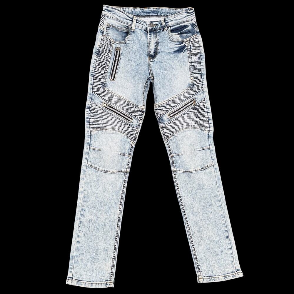 Y2K Acid Wash Moto Biker Jeans Mens Sz 28 Slim Double Knee